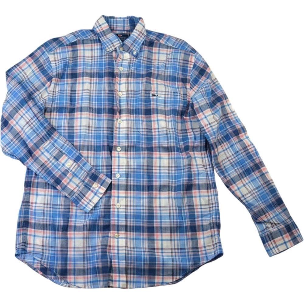 Vineyard Vines Mens Classic Fit Tucker Shirt Blue Pink Plaid Cotton Size M